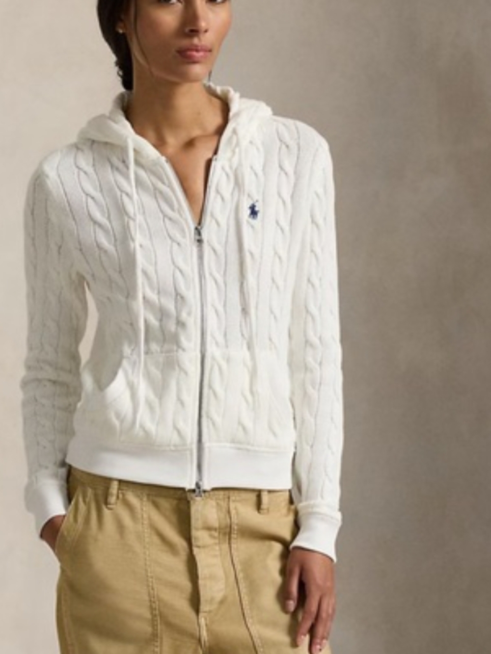 Ralph Lauren White Cable-Knit Hooded Zip Sweater